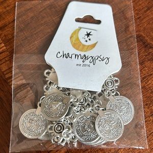 Charm, gypsy coin, style, Silvertone, metal coin, and floral design bracelet